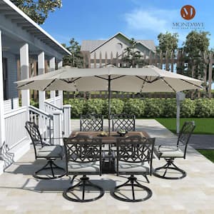Dark Bronze 7-Piece Cast Aluminium Patio Rectangle Table 59in.D x 40in.W Outdoor Dining Set w/ Beige Cushions for Yard
