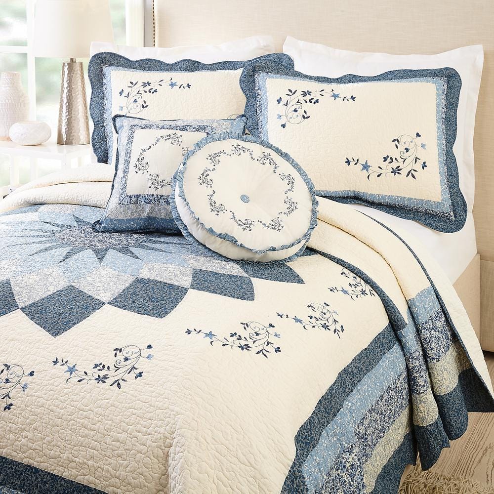 Charlotte Blue Cotton Queen Bedspread with Floral Scrolls