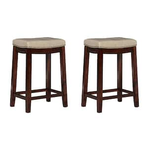 Concord 26.5 in. Brown Backless Wood Counter Stool with Beige Faux Leather Seat Set of 2