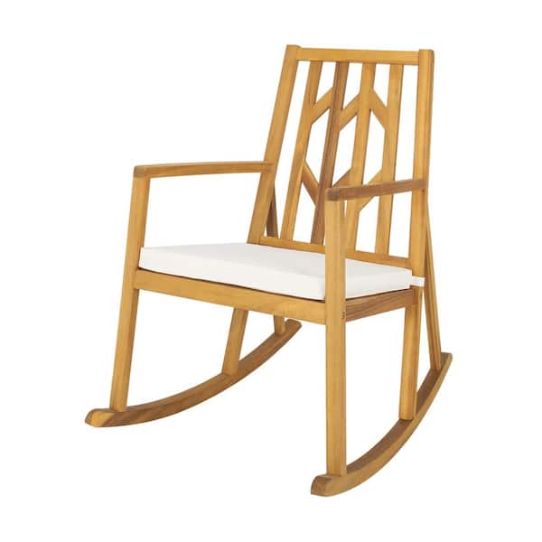 Costway Brown Wood Outdoor Rocking Chair Acacia Wood Armrest with White Cushion