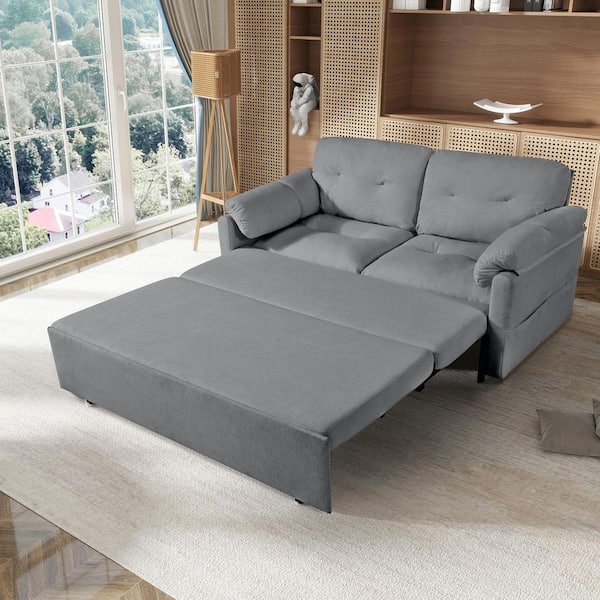 Emma 3-in-1 Convertible 71.65 in. Beige Chenille Upholstered Queen Size Sofa Bed, Side Storage