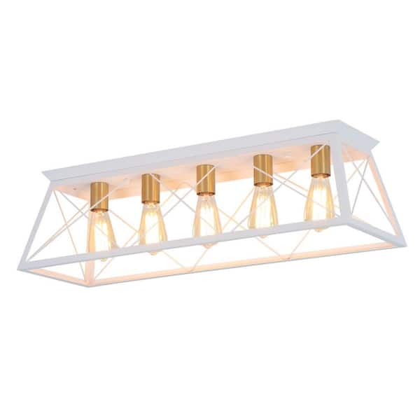 31.5 in. 5-Light Farmhouse White Rectangle Metal Flush Mount for Living Room Dining Room, No Bulbs Included