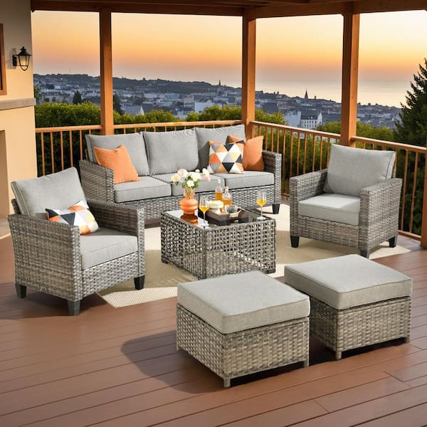 Caodoc Audrey Gray 6-Piece Wicker Swivel Outdoor Patio Conversation Sofa with Coffee Table And Dark Gray Cushions
