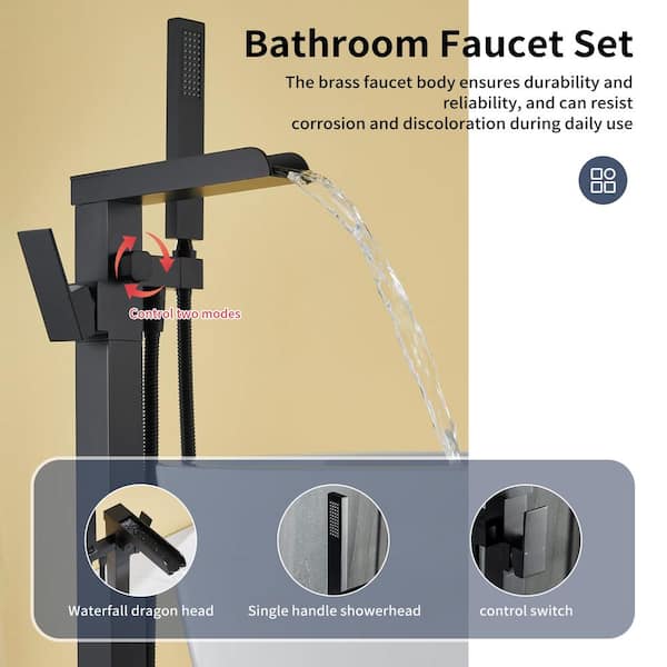 Single-Handle Freestanding Floor Mount Roman Tub Faucet Bathtub Filler with Hand Shower in Matte Black