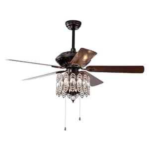 52 in. Indoor Rustic Brown Classical Crystal Ceiling Fan Lamp, 3-Speed, 5 Reversible Blades for Living Room, Dining Room