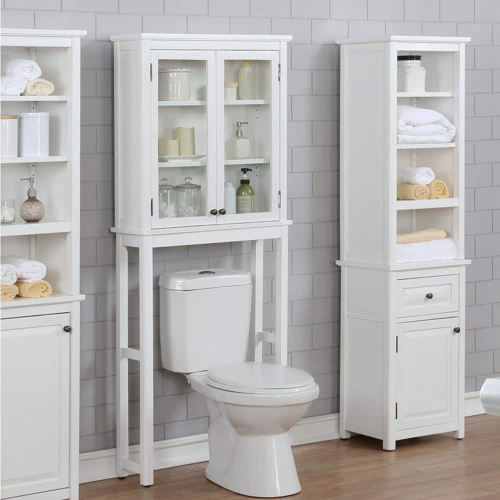 White Wood Over-the-Toilet Storage with Glass Doors