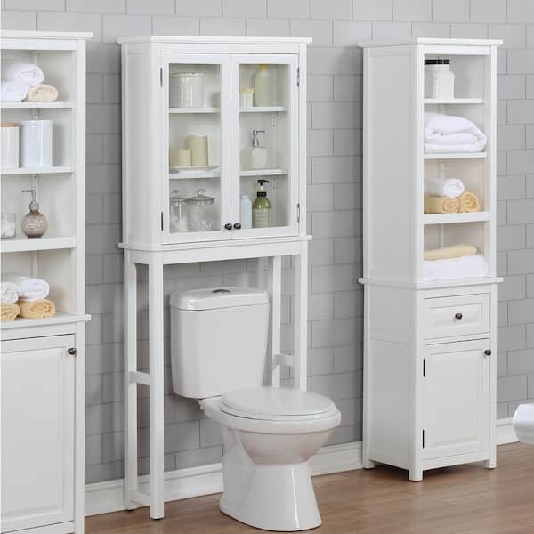 Dorset 27 in. W x 66 in. H x 9 in. D Over-the-Toilet Storage Cabinet with Glass Doors and Adjustable Shelves, White
