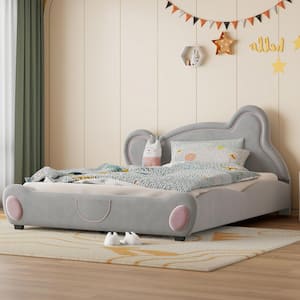 Gray Wood Frame Queen Velvet Upholstered Platform Bed with Bear-Shaped Headboard and Footboard, Bed-End Storage Pocket