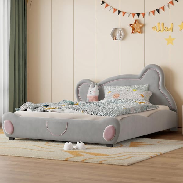 Harper & Bright Designs Gray Wood Frame Queen Velvet Upholstered Platform Bed with Bear-Shaped Headboard and Footboard, Bed-End Storage Pocket
