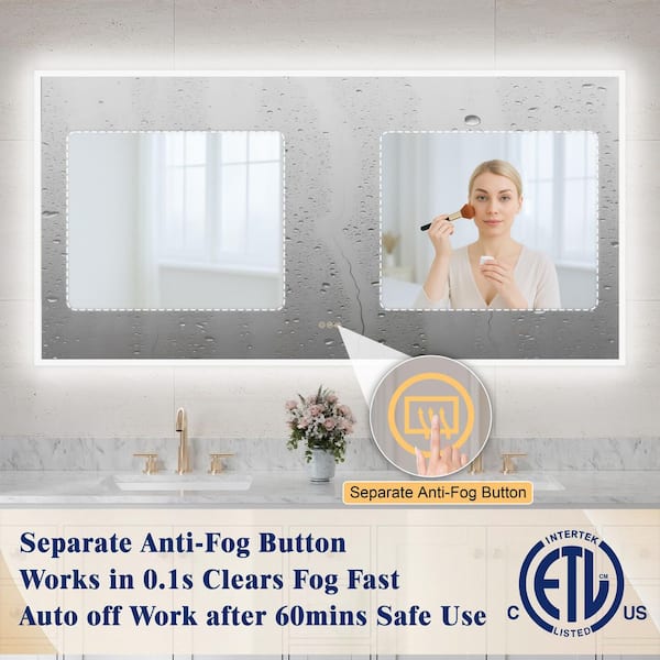 84 in. W x 42 in. H Rectangular Framed Wall LED Bathroom Vanity Mirror with Dimmer, Defogger, Tri-Color, UL-Certified