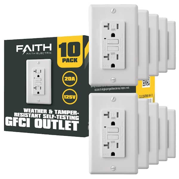 Faith 20 Amp 125-Volt Outdoor GFCI Duplex Outlet, Weather and Tamper-Resistant GFI Receptacles, LED Indicator, White (10-Pack)