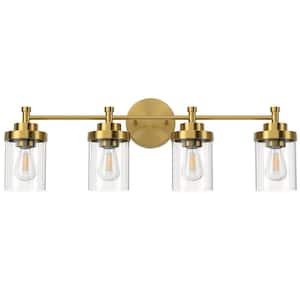 31.5 in. 4-Light Antique Brass Modern Dimmable Vanity Light with Clear Ribbed Glass Shades E26 Sockets