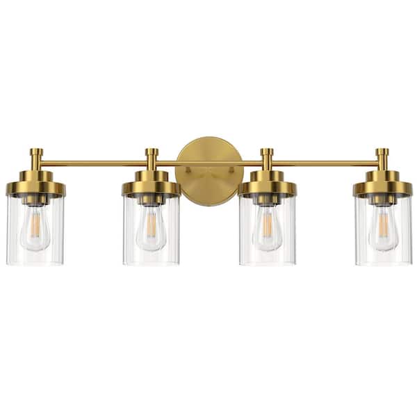 Merra 31.5 in. 4-Light Antique Brass Modern Dimmable Vanity Light with Clear Ribbed Glass Shades E26 Sockets