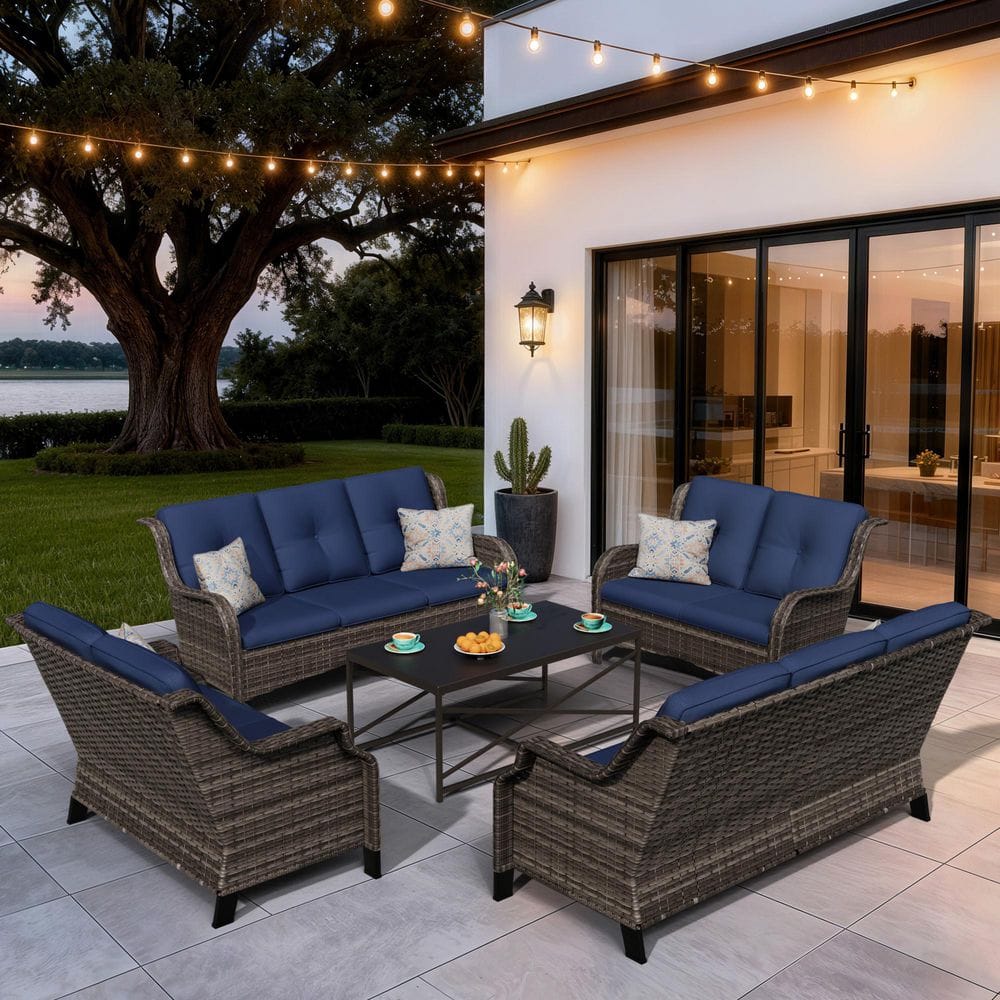 5-Piece Wicker Outdoor Couch Patio Sofa with Blue Cushions and Coffee Table price history on PriceWatchPro