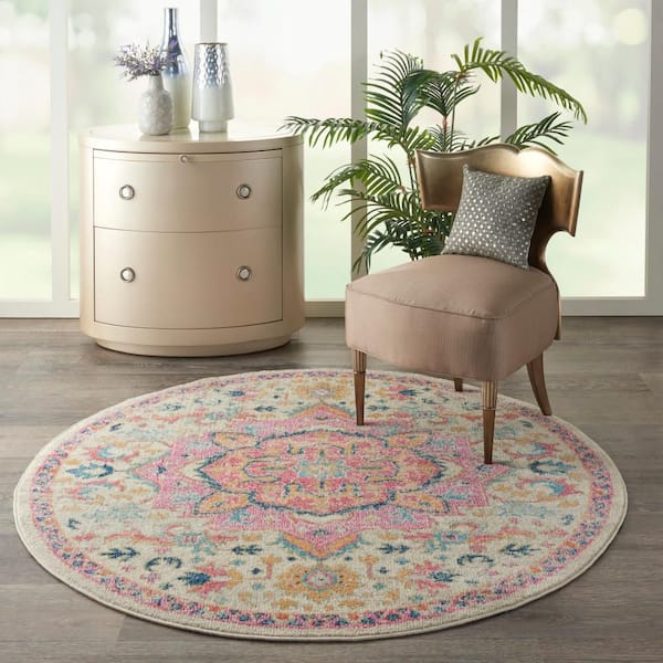 Passion Ivory Pink 4 ft. x 4 ft. Persian Modern Transitional Round Area Rug
