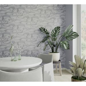 Kumano Collection Silver Abstract Flow Design Pearlescent Finish Non-Pasted Vinyl on Non-Woven Wallpaper Roll