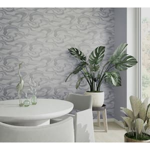 Kumano Collection Silver Abstract Flow Design Pearlescent Finish Non-pasted Vinyl on Non-woven Wallpaper Sample