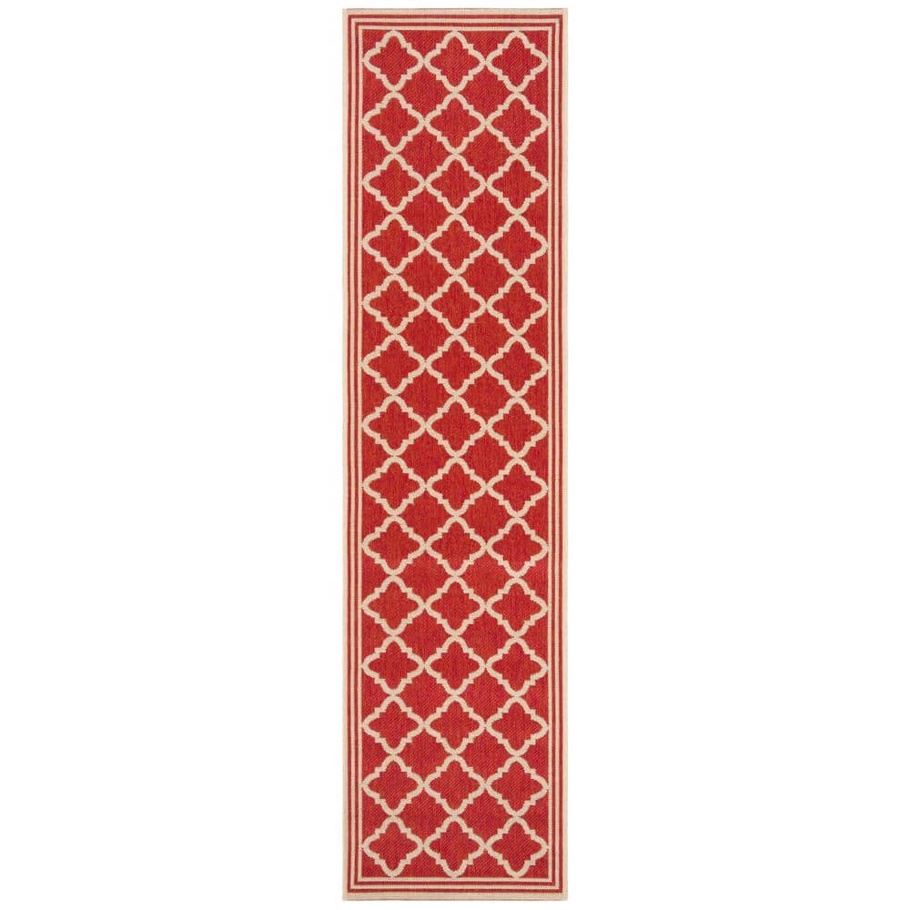 Geometric Red & Cream Synthetic 2' x 8' Easy-Care Runner Rug