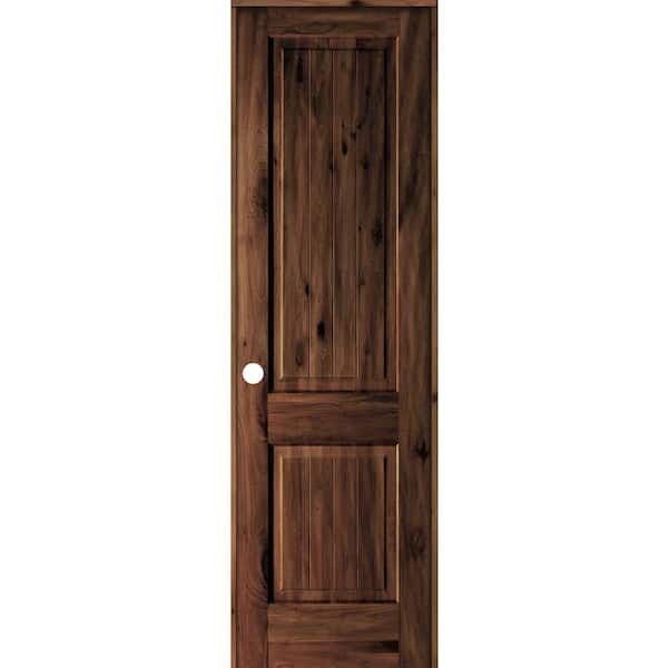 Krosswood Doors 28 in. x 96 in. Knotty Alder 2 Panel Right-Hand Sq. Top V-Groove Red Mahogany Stain Wood Single Prehung Interior Door