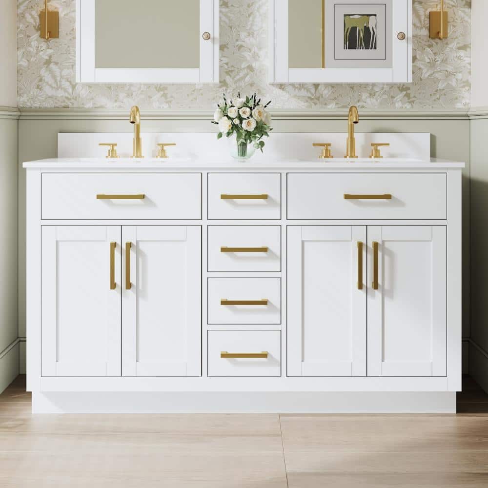 60 in. White Solid Wood Freestanding Bath Vanity with White Cultured Marble Top, Brushed Gold Pulls, Assembled price history on PriceWatchPro