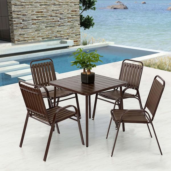 Tenleaf 5-Piece Brown Metal Outdoor Dining Set with Plastic Seat and Backrest for Garden Patio