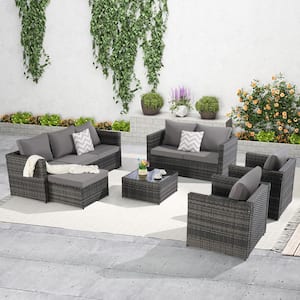 5-Piece Wicker Patio Conversation Set with Dark Gray Cushions, Outdoor PE Wicker Furniture with Plywood Coffee Table