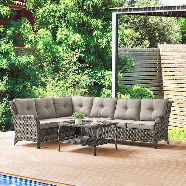 Arcline 3-Piece Gray Wicker Outdoor Sectional Set with Olefin Gray Cushions and L-Shaped Sofa/Coffee Table
