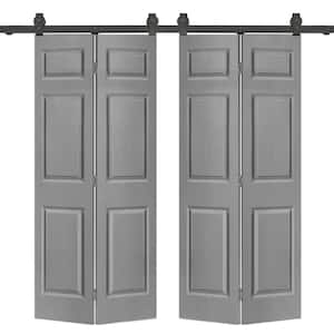60 in. x 80 in. 6-Panel Light Gray Painted MDF Composite Double Bi-Fold Barn Door with Sliding Hardware Kit