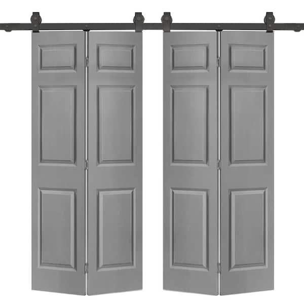 CALHOME 60 in. x 80 in. 6-Panel Light Gray Painted MDF Composite Double Bi-Fold Barn Door with Sliding Hardware Kit