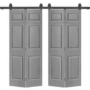 60 in. x 84 in. 6-Panel Light Gray Painted MDF Hollow Core Composite Double Bi-Fold Barn Doors with Sliding Hardware Kit