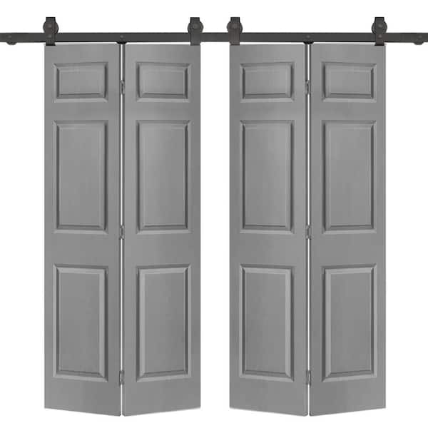 CALHOME 72 in. x 80 in. Hollow Core 6-Panel Light Gray MDF Composite Double Bi-Fold Barn Doors with Sliding Hardware Kit