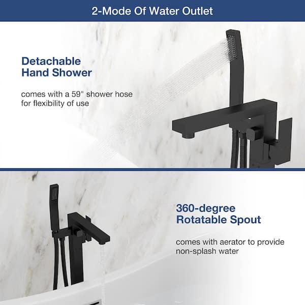 Single-Handle Rectangle Freestanding Tub Faucet with Hand Shower in Matte Black Stainless Steel