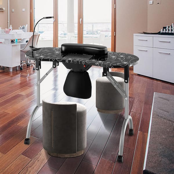 Costway 35 in. Black Folding Manicure Table Portable Nail Desk with Dust Collector LED Lamp Carry Bag