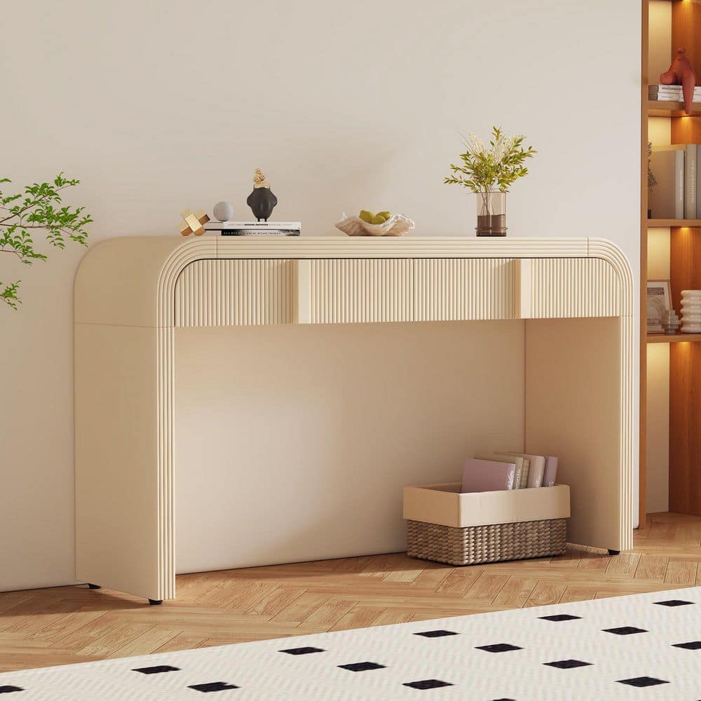 Seafuloy 55 in. Cream Rectangle MDF Modern Fluted Console Table with 2 ...