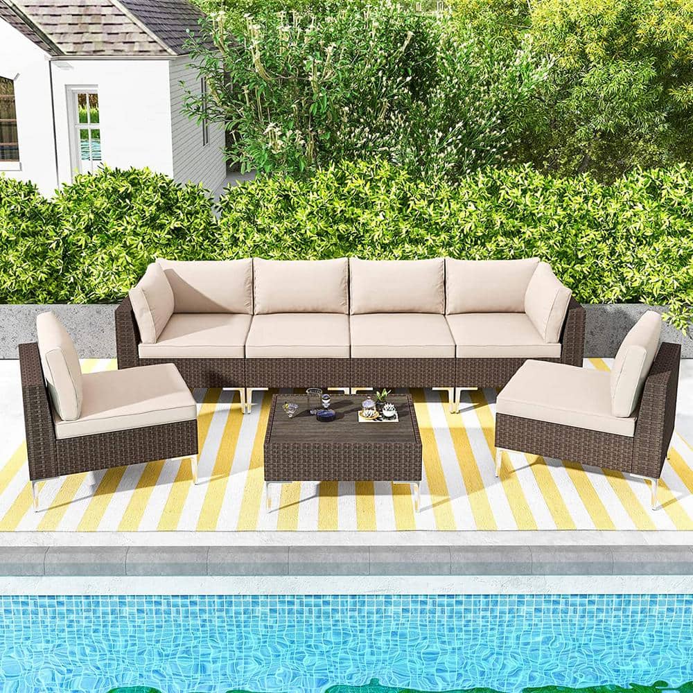 7-Piece Wicker Outdoor Sectional Set Sofa Set with Beige Cushions