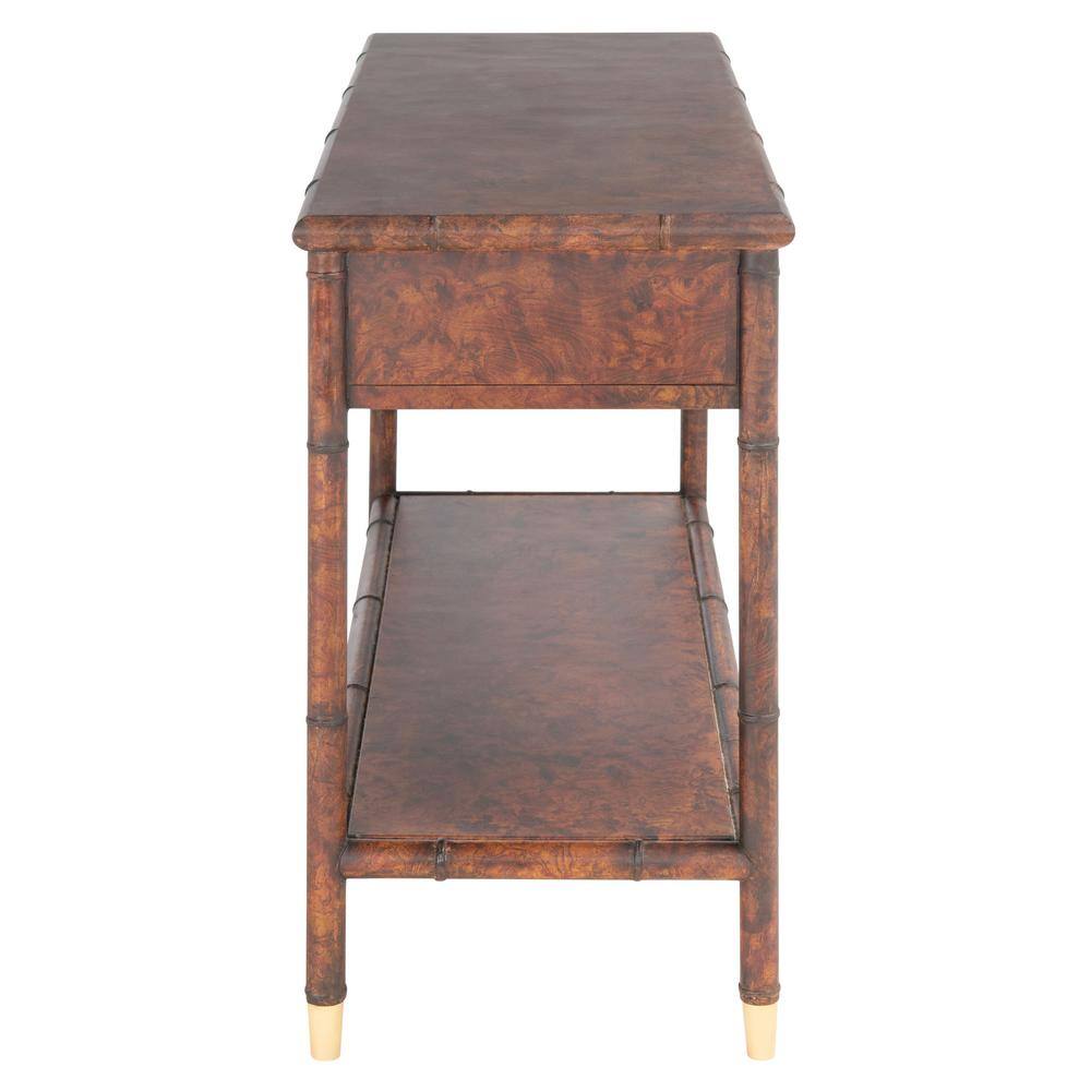 Tudor Inspired Dark Brown Wood Console Table with Gold Accents