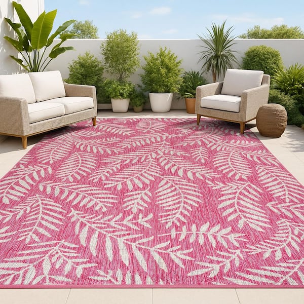 Nevis Palm Frond Fuchsia/Light Gray 9 ft. x 12 ft. Indoor/Outdoor Area Rug