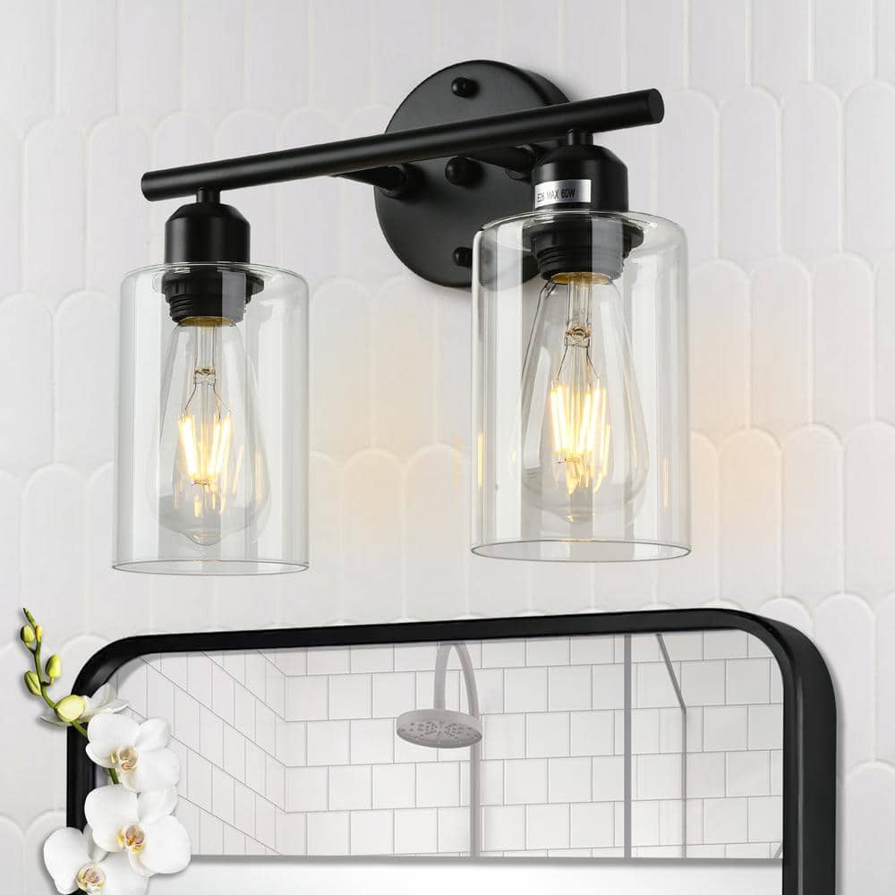 12.99 in. 2 Lights Modern/Industrial Black Bathroom Vanity Light with Cylin