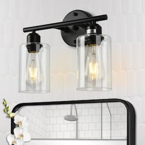 12.99 in. 2 Lights Modern/Industrial Black Bathroom Vanity Light with Cylinder Glass Shade