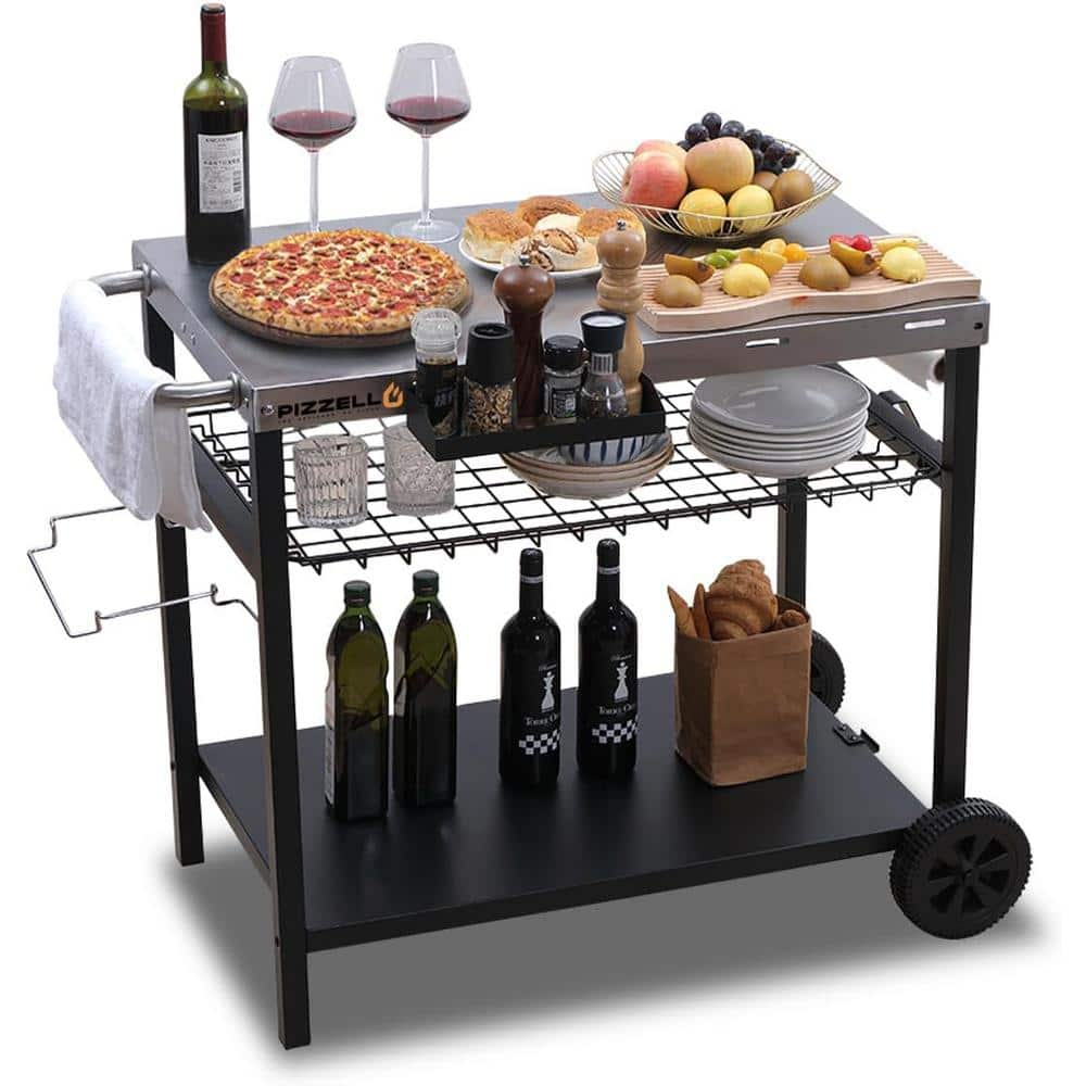 INNUMIA Silver Outdoor 3-Shelf Grill Cart Movable Barbeque Cart Outdoor Pizza Oven Table and Prep Station