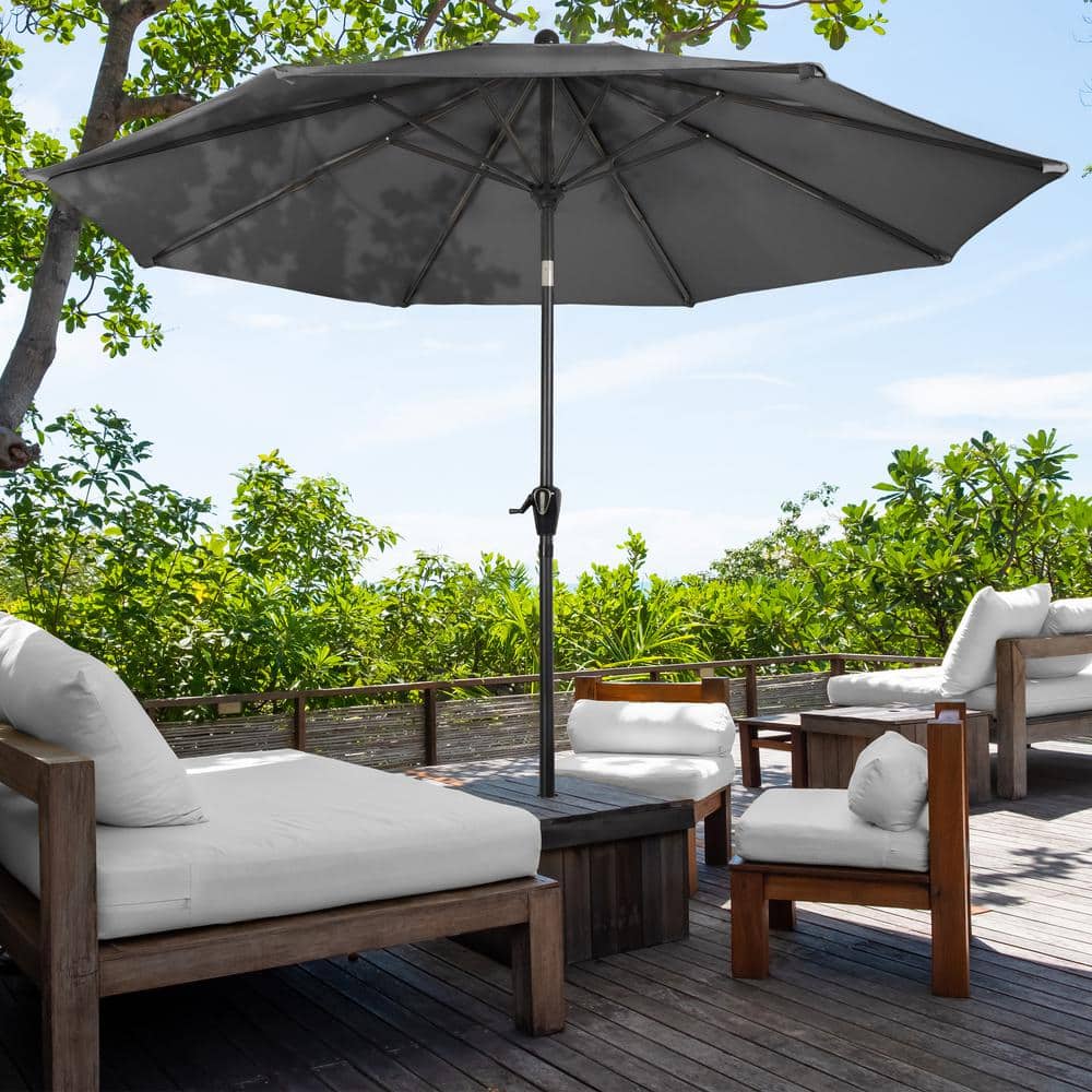 10-Foot Gray Steel Outdoor Patio Umbrella with Auto Tilt
