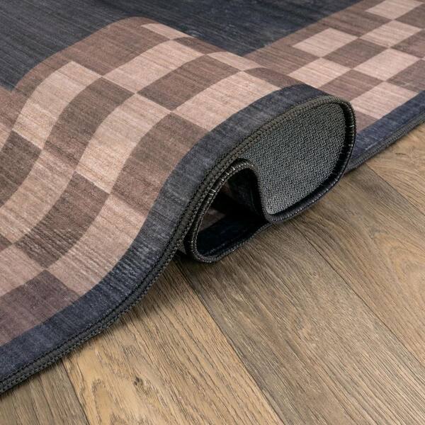 Checkerboard Border Slate Machine Washable Polyester Non-Slip Backing 6 ft. x 9 ft. Gray Area Rug