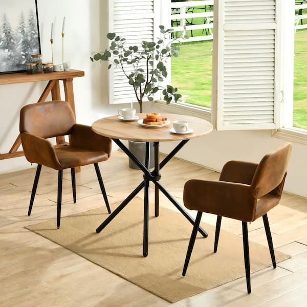 MAFONTANA Modern 3-Piece Natural Oak Wood Top Round Bistro Table Set with 2 Saddle Brown Armchairs (Seats 2)