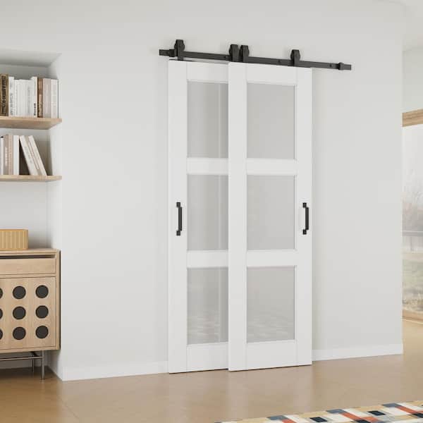 40 in. x 80 in. (Double 24 in. ) 3-Lite Frosted Glass White Primed MDF Sliding Barn Door with Hardware Kit Bypass
