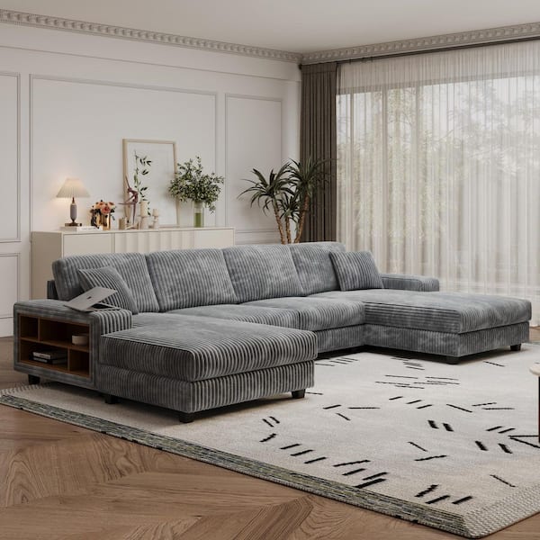 Luxury Collection 139.76 in. Square Arm 4-Piece Corduroy U-Shaped with Chaise Longue Sectional Sofa in Dark Gray