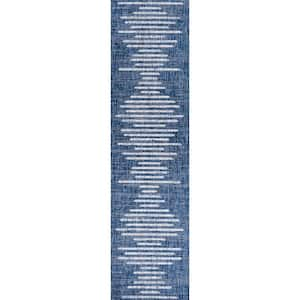 Zolak Berber Blue/Ivory 2 ft. x 10 ft. Stripe Geometric Indoor/Outdoor Area Rug