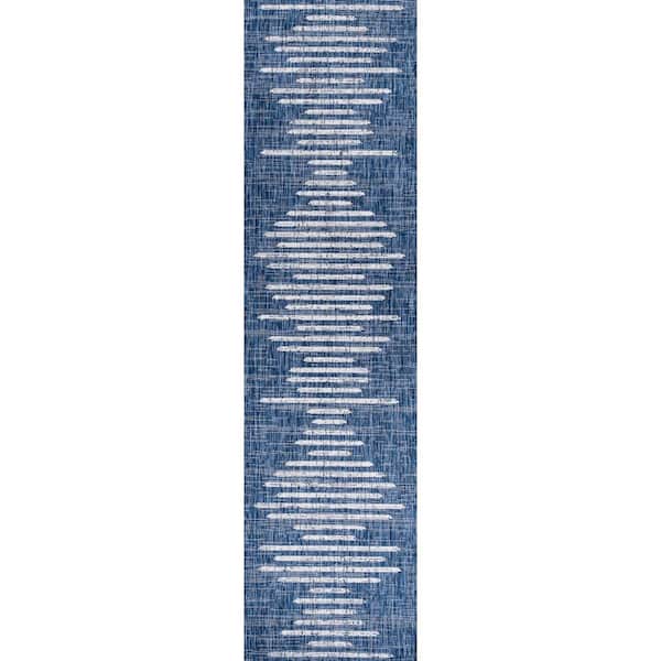 Zolak Berber Blue/Ivory 2 ft. x 10 ft. Stripe Geometric Indoor/Outdoor Area Rug