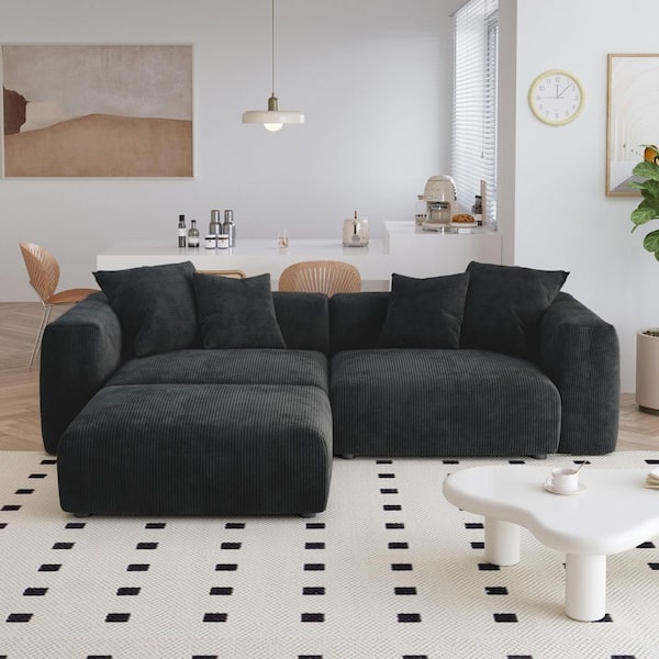 102.3 in. Wide Square Arm Corduroy Oversized Modular Sofa with Ottoman, 31.5 in. Deep Seats for Lounging in Black