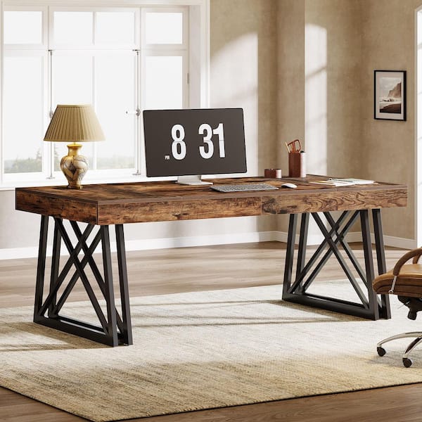 Halseey 63 in. Rectangular Rustic Brown Engineered Wood Computer Desk Modern Executive Office Desk Large Writing Table