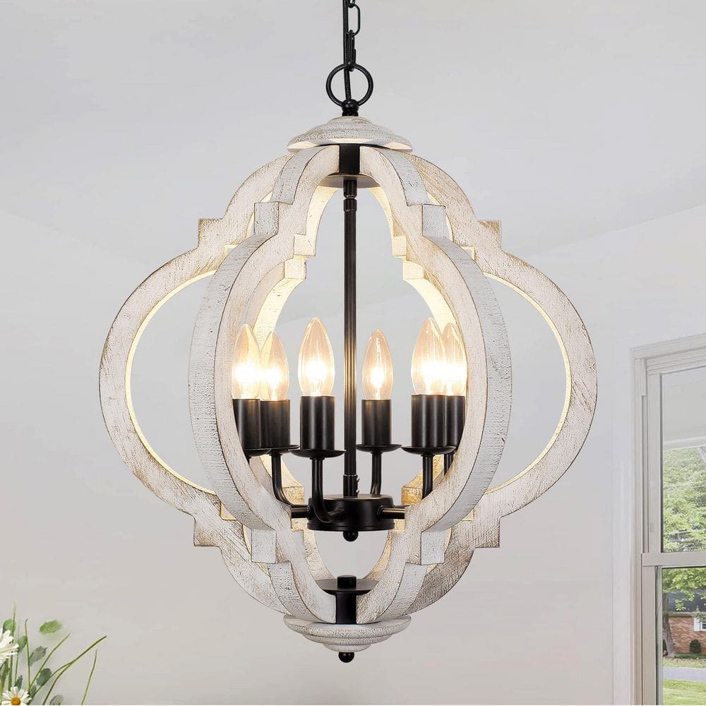 Rviezza Rustic 6 Lights white Orb Wood Chandelier for Kitchen